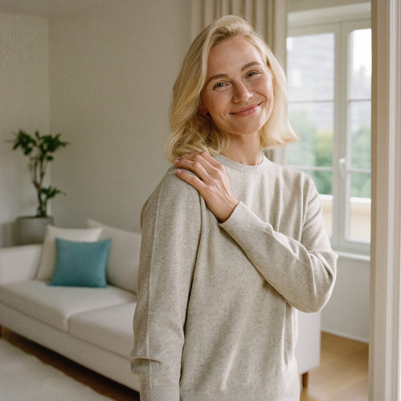 Woman at home in her living room, resting a hand on her sore shoulder